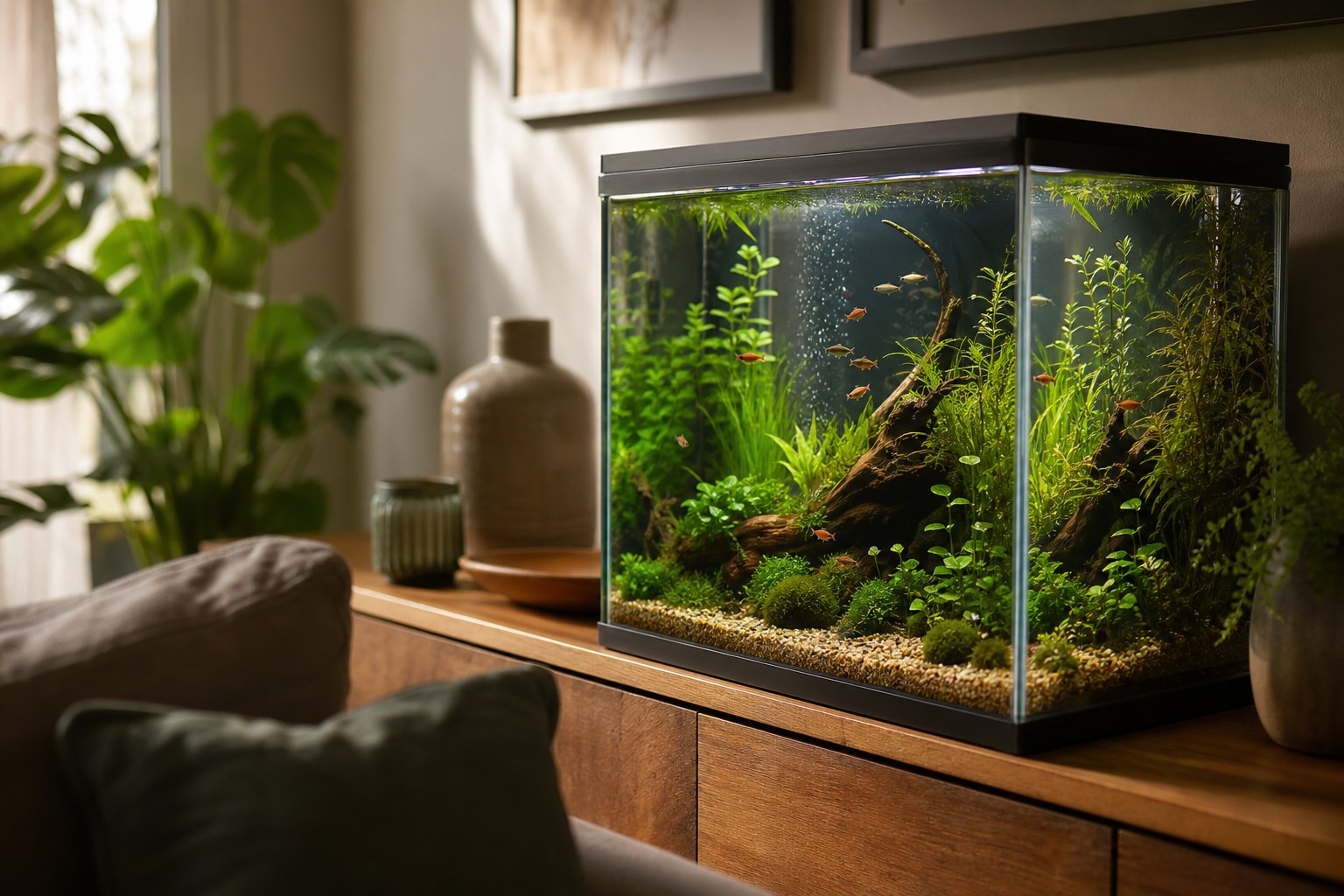 Essential tropical aquarium equipment laid out beside a starter tank