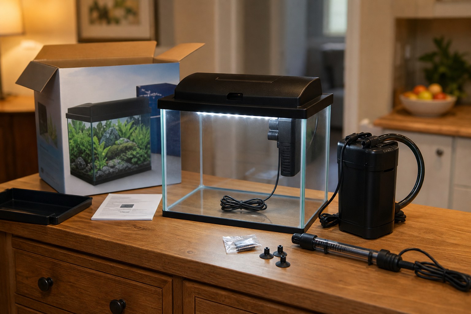 Beginner aquarium kit with filter and LED hood on a home sideboard