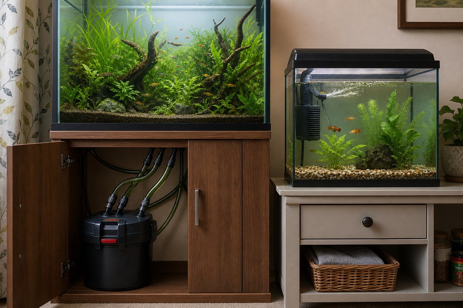 Budget and premium aquarium filters side by side for comparison